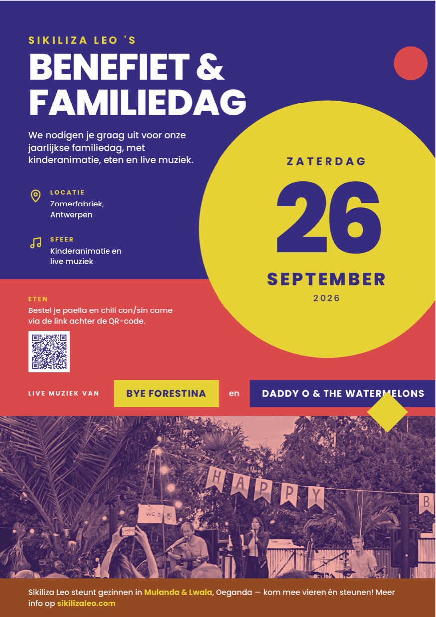 Poster of the Sikiliza Leo Benefit and Family Day on Saturday 26 September 2026 at the Zomerfabriek in Antwerp.